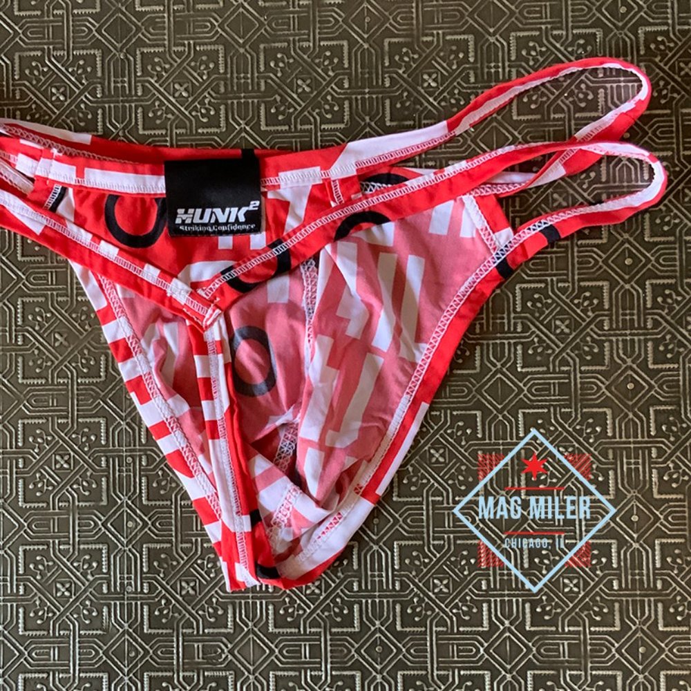 RED HUNK WORDART SPIDER THONG, MED - Picture 2 of 2